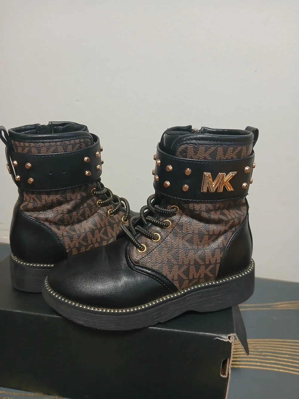 Michael Kors Girls' Black and Brown Logo Combat Boots